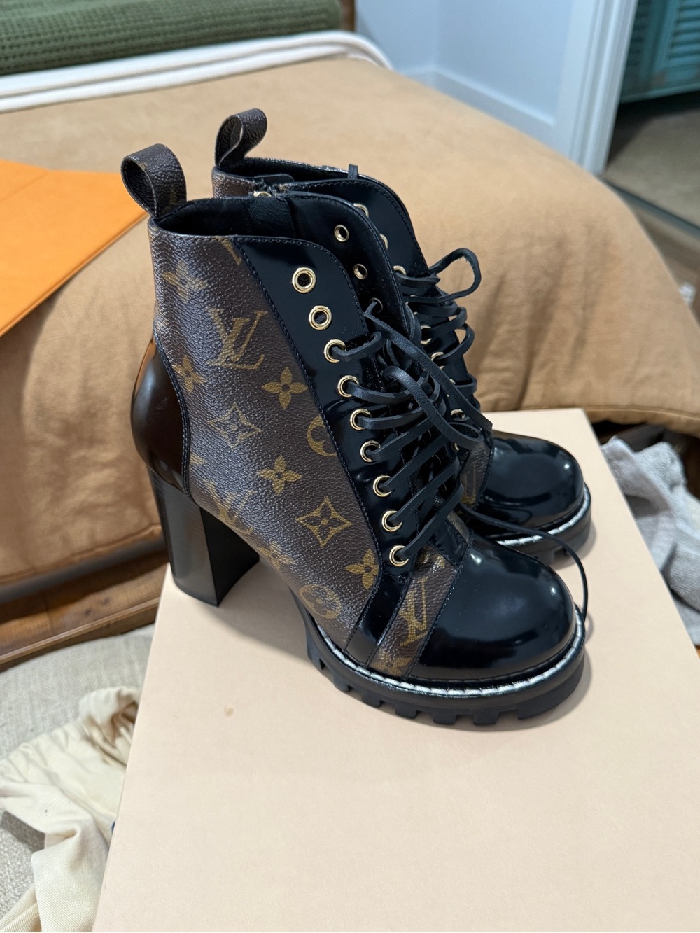 Louis Vuitton Monogram Patent Lace-Up Block Heel Ankle Boots